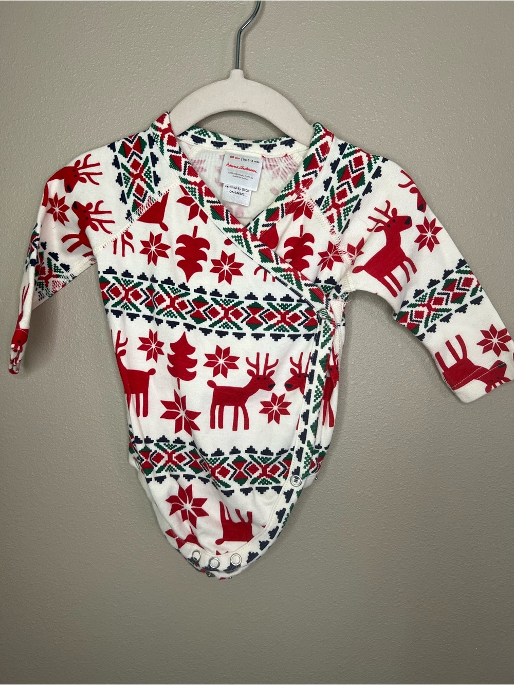 3-6m Hanna Andersson Red and White Reindeer Wrap Bodysuit